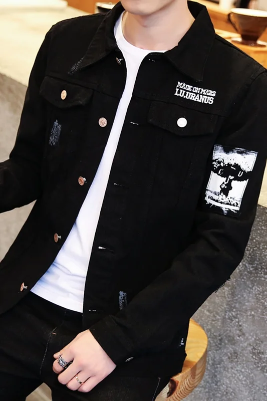 2019 Харадзюку рваные джинсы куртка мужская черная уличная разрушить повседневные