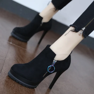 Женские ботинки на высоком каблуке Черные Водонепроницаемые с круглым носком