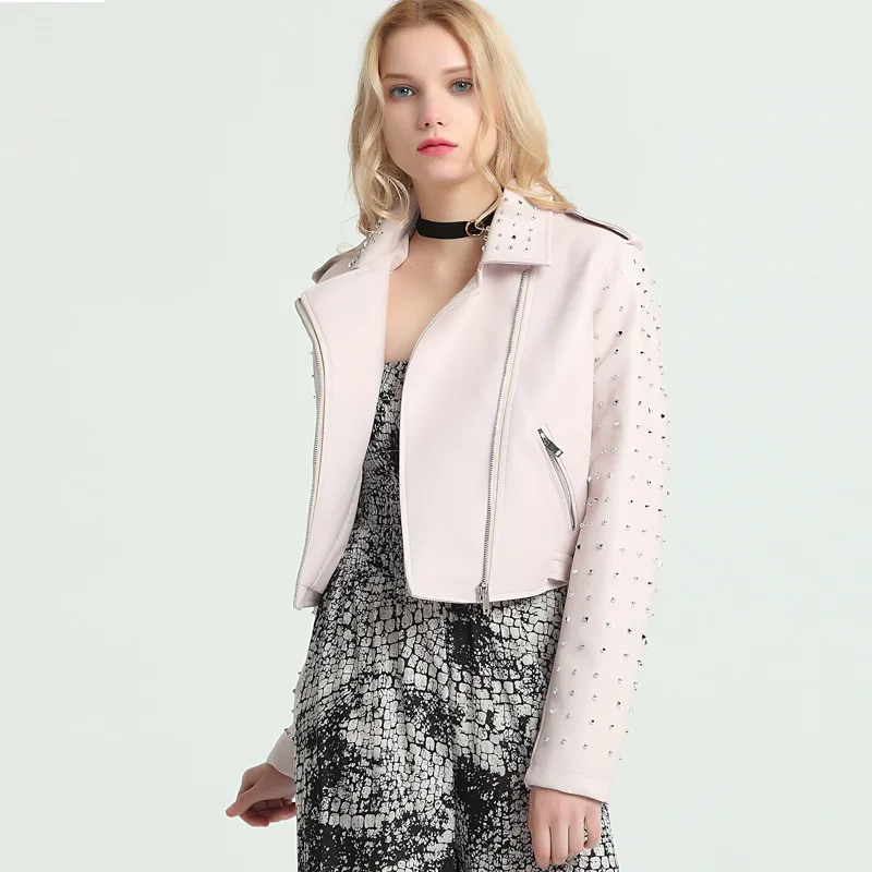 

New Faux Leather Jackets Women Autumn Lapel Rivet Motorcycle PU Leather Jacket Zipper Outerwear Slim Casual Short Female Coat