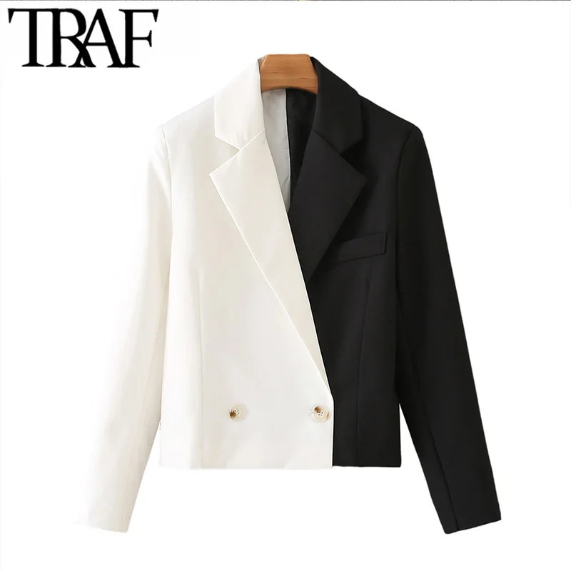 

TRAF Women Fashion Double Breasted Patchwork Crop Blazer Coat Vintage Long Sleeve Female Outerwear Chic Veste Femme