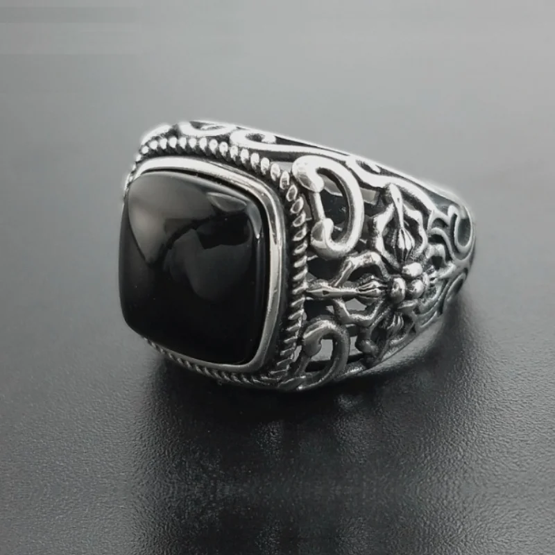 

Real 925 Silver Black Garnet S925 ring For Men Female Engraved Flower Fashion Open Size S925 ring Sterling Thai Silver Jewelry
