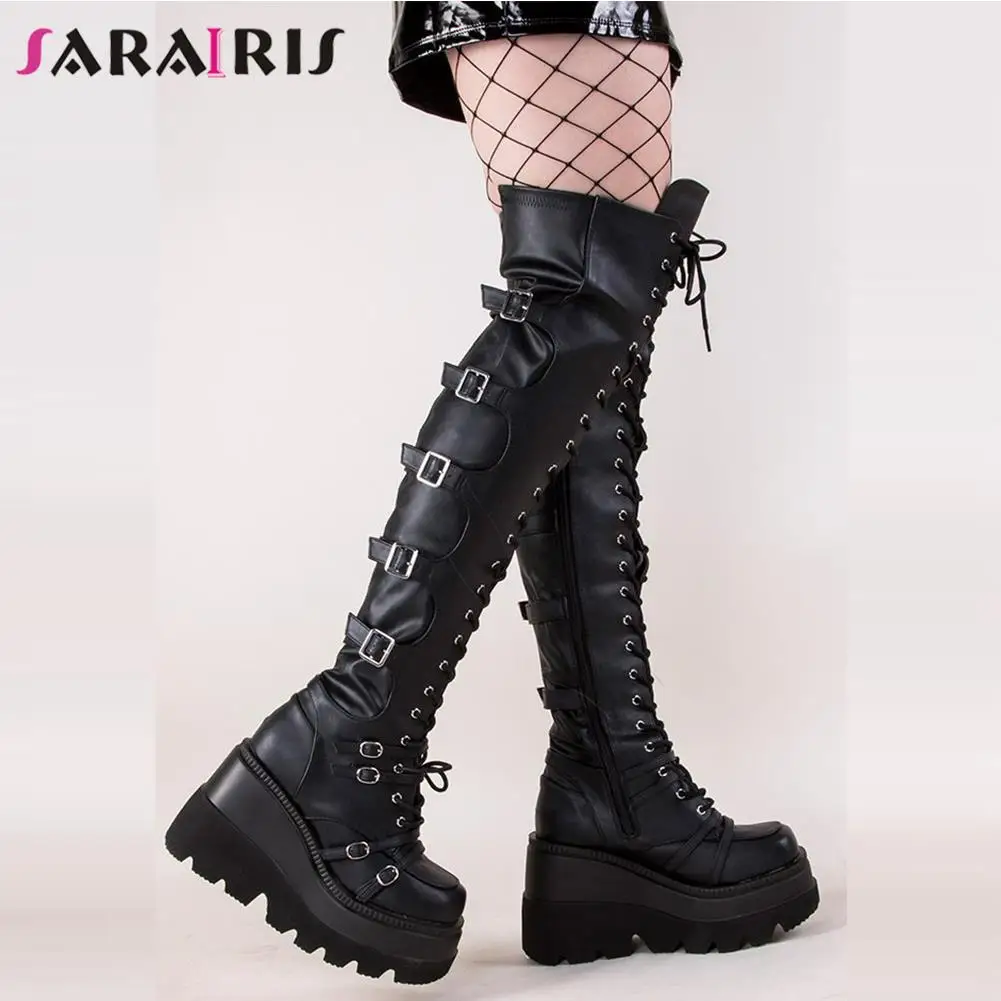 ins hot brand lady knee high boots platform buckle wedges thick bottom womens boots cool street goth casual woman shoes free global shipping