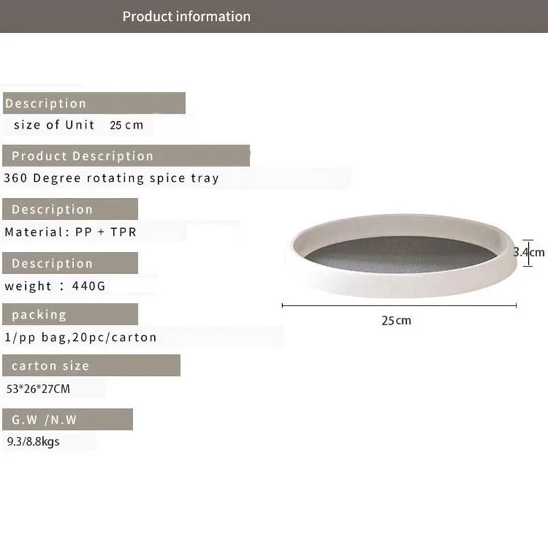 

360 Rotating Storage Tray Durable Round Spice Storage Rack Non-Slip Kitchen Seasoning Holder Plate Home Pantry Shelf Accessories