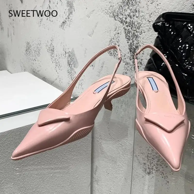 

Candy Solid Pumps Runway Kitten Low Heels Women Pointed Toe Real Leather Sandals Triangle Decor Slingbacks Sandals Party Shoes