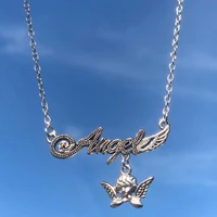 silver color clavicle chain female necklaces geometric small angel letter pendant necklace collares for women hip hop jewelry