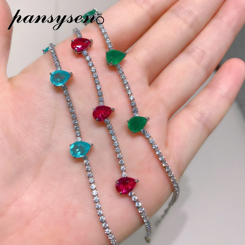 

PANSYSEN Charm 925 Sterling Silver Paraiba Tourmaline Emerald Ruby Gemstone Bracelets for Women Wholesale Fine Jewelry Braclet