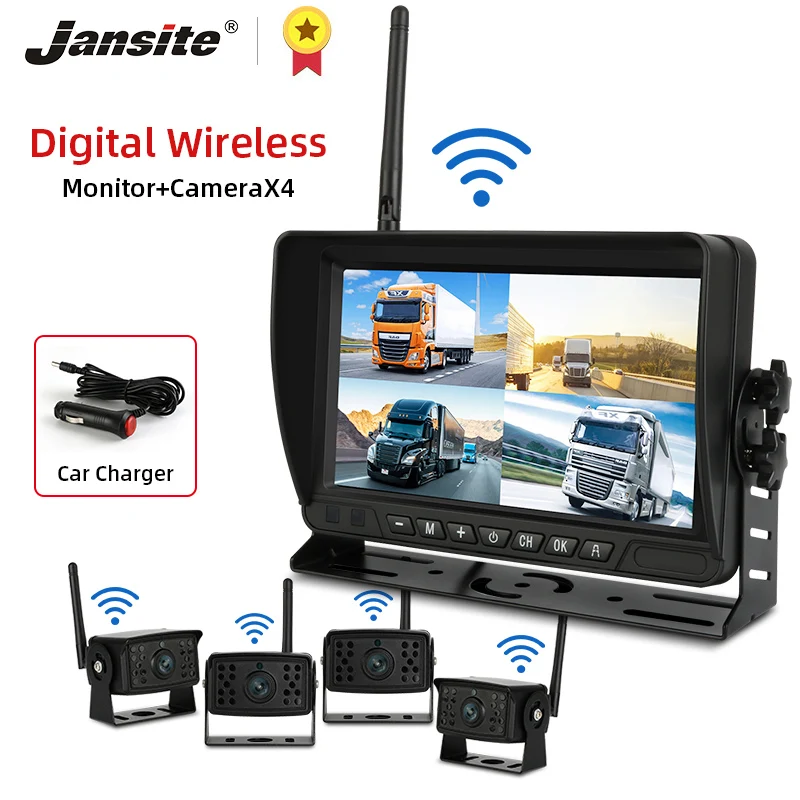 

Jansite 7" Digital Wireless Truck Recorder AHD DVR 4-Channel split screen monitor with U Bracket Loop Recording 720P rear camera