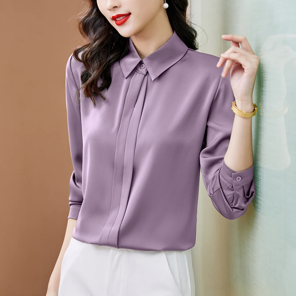 

Блузка женская однотонная с отложным воротником и длинным рукавом, весна 2022