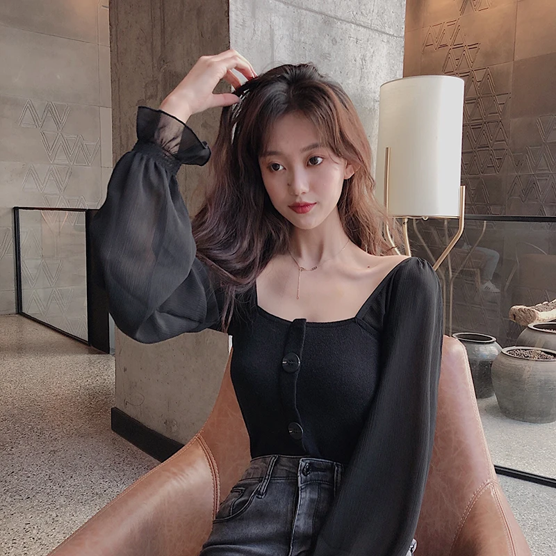 Women Slim Patchwork Chiffon Full Lantern Sleeve Square Collar Cropped T-Shirts Lady Knitted Stretchy Crop Tops Tshirt For Girls