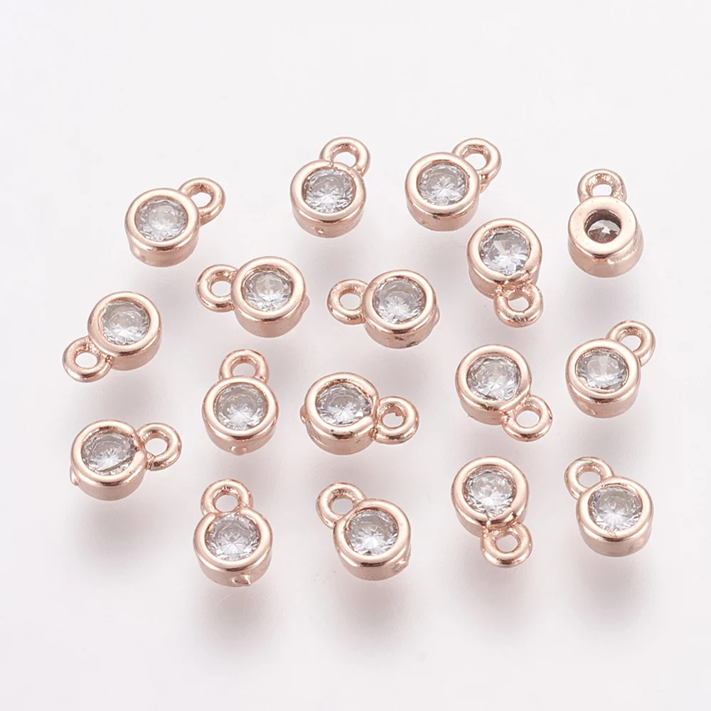 

10 pc Brass Cubic Zirconia Charms Flat Round Rose Gold 6x4x2mm Hole: 1mm