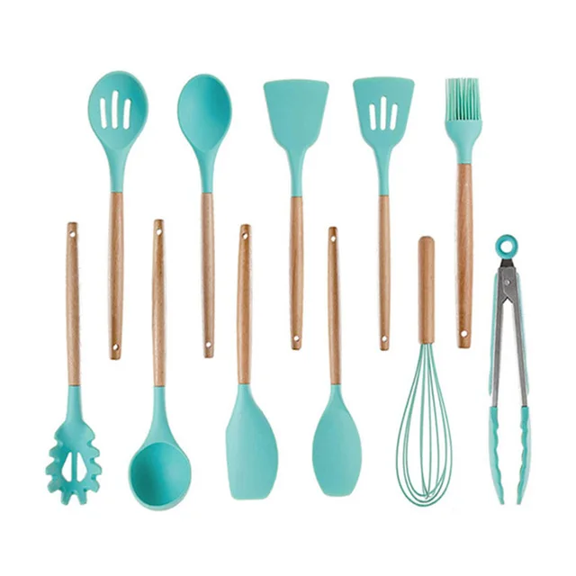 11pcs 5-13 шт силиконовые инструменты для приготовления пищи набор кухонной посуды с ящиком для хранения токарные щипцы шпатель с деревянной ручкой Антипригарная посуда - Цвет: 11pcs