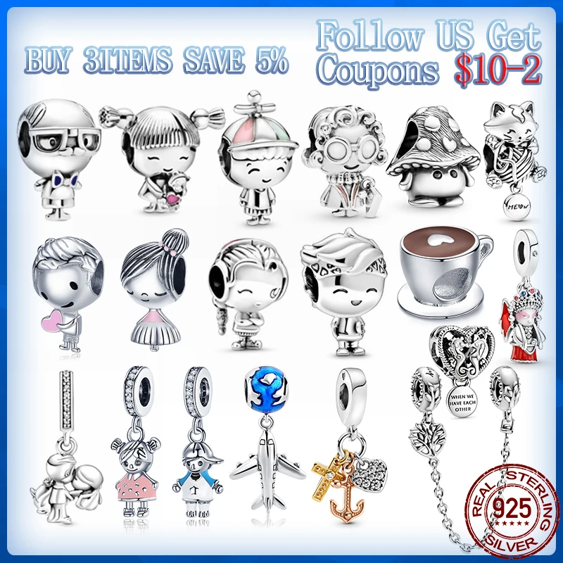

2021 New plata charms of ley 925 Silver Small Couple Doll and Naughty Kitten Beaded Suitable For Original Pandora Bracelet Gif