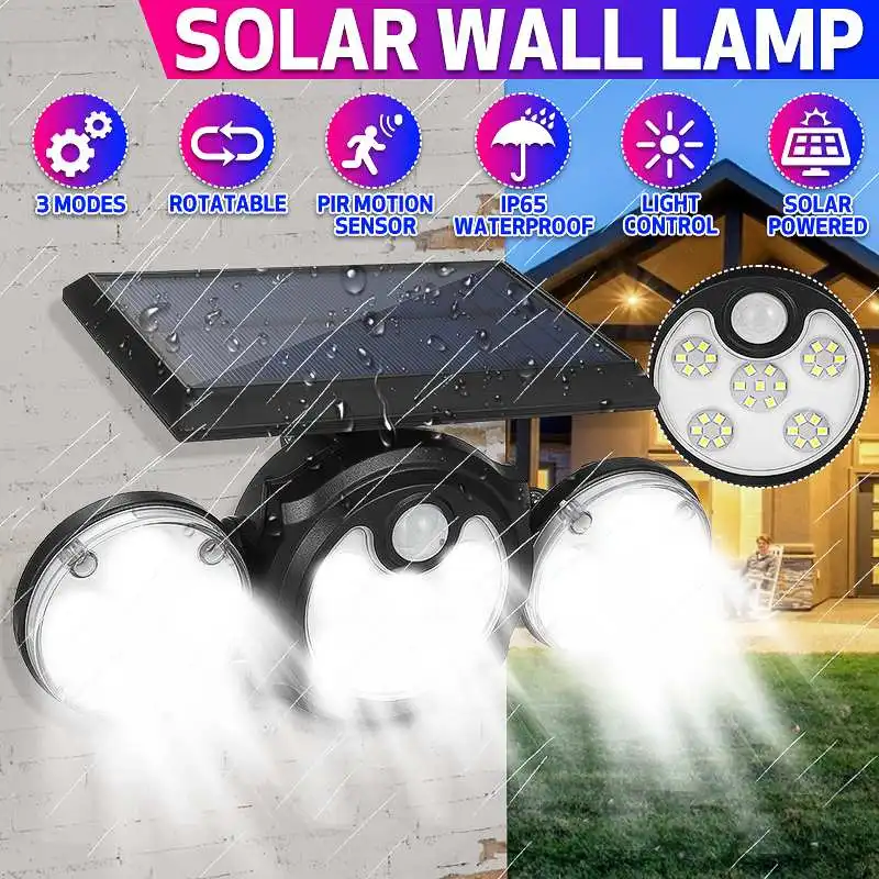 

78 LED 600W Solar LED Light Outdoor Motion Sensor Solar Powered Garden Lamp 3 Heads Remote Control Waterproof Wall Lamp