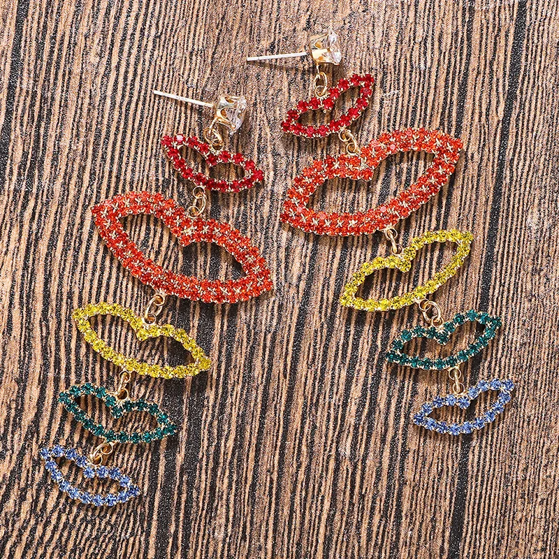 

Statement Sexy Lips Inlay Full Rhinestone Hollow Drop Earrings Colorful Crystal Gold Earrings For Girl Female Party Jewelry