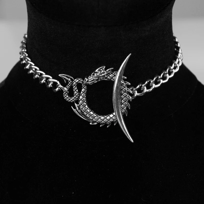 Witch Dragon Snake Crescent Moon Choker Necklace Pagan Wiccan Gothic Jewelry