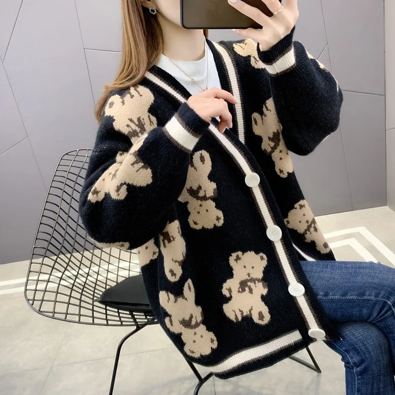

Net Red Bear Knitted Sweater Cardigan Women's Mid-length 2021loose Korean Version of The V-neck Jacket Oversized Cardigan Women