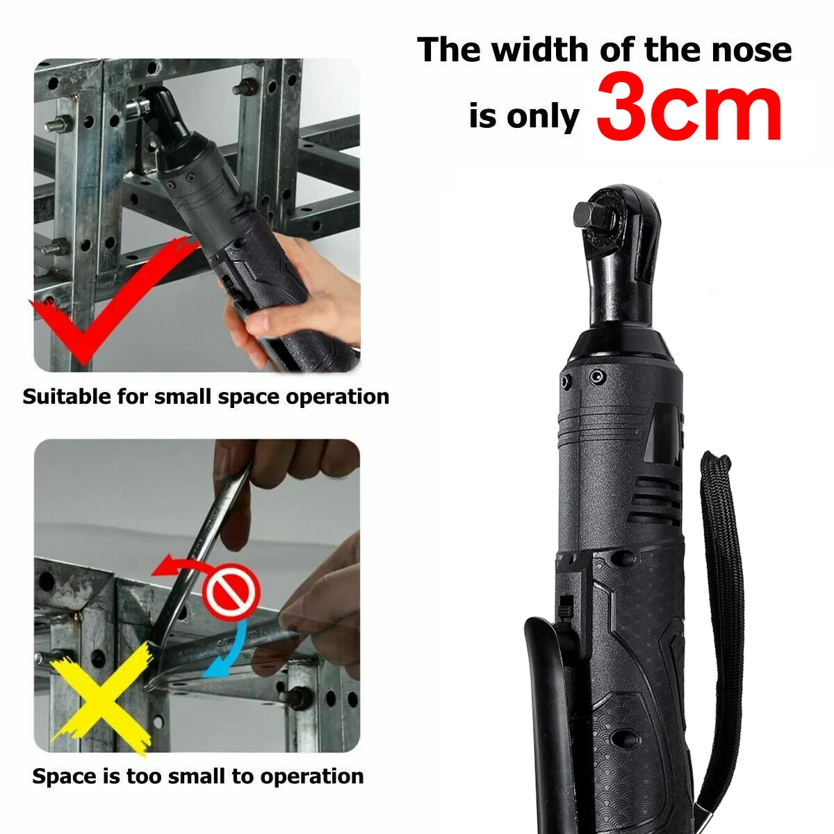 

18V Electric Wrench 3/8 Cordless Ratchet LED Light Kit Right Angle Rechargeable Scaffolding 60N.m Torque Ratchet with Battery