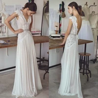 boho wedding dresses 2021 bohemian wedding gowns with cap sleeves v neck open back pleated skirt elegant a line bridal gowns