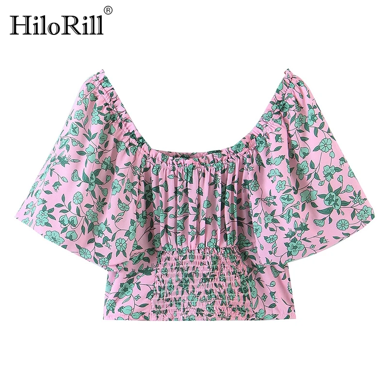 

HiloRill Women Chic Floral Print Cropped Blouses 2021 Summer Puff Short Sleeve Blouse Shirt Ladies Vintage Ruffles Tops Blusas