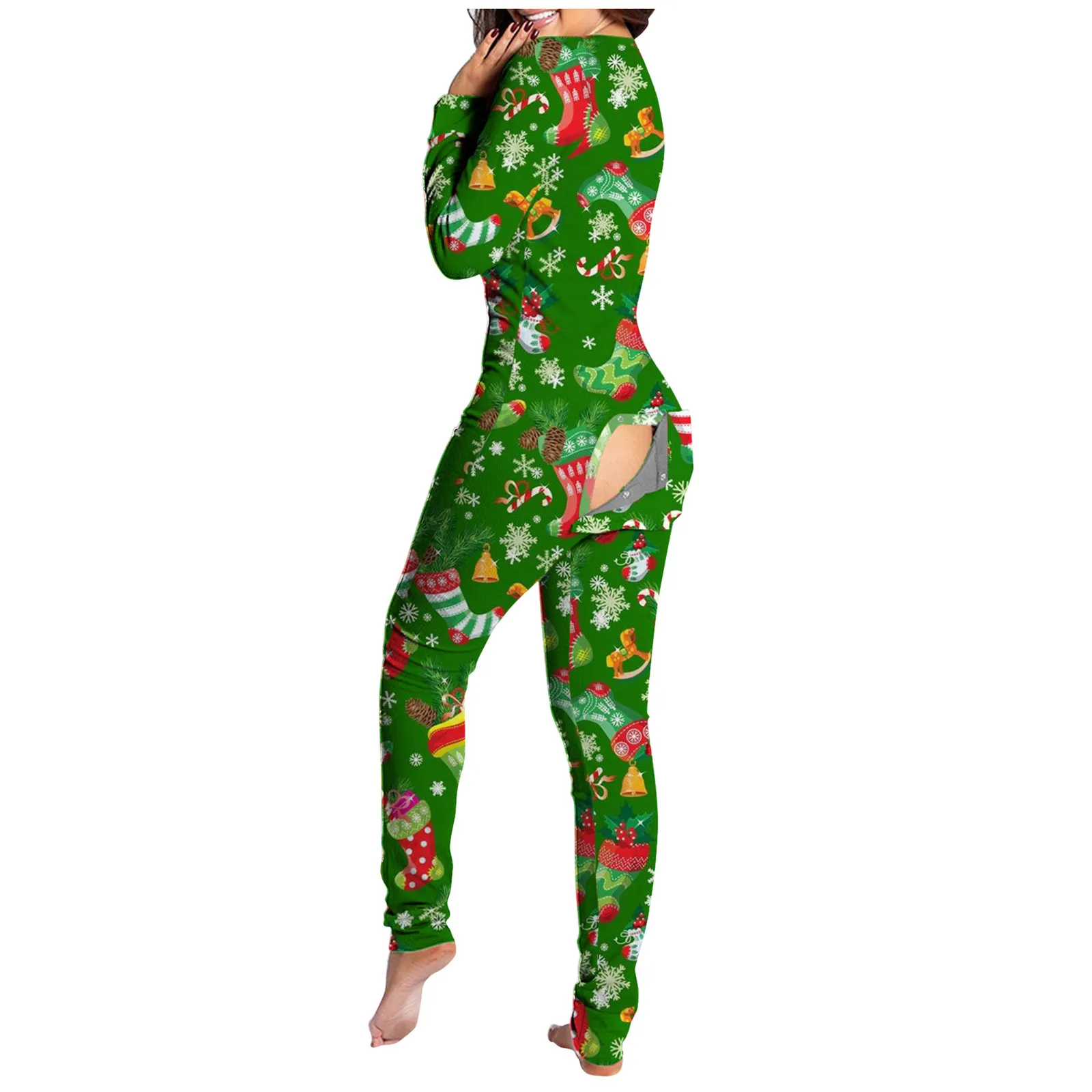 Sexy Christmas Pajama for Women New Year Jumpsuit Button-down Front Back Butt Bum Open Ass Flap Xmas Print Loungewear |