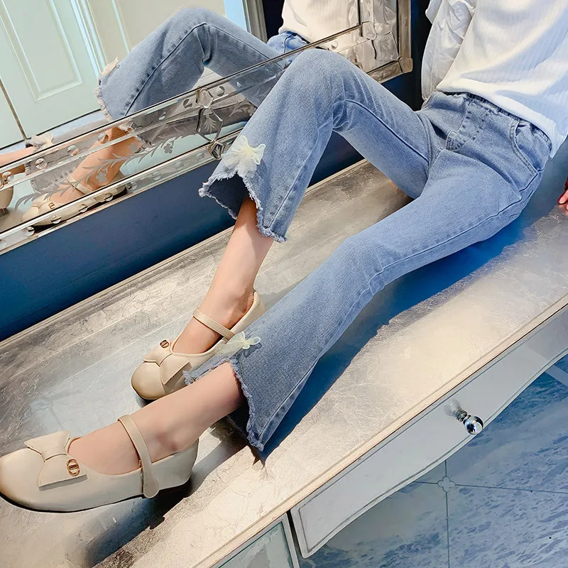 

2021 spring children's pants, girls' jeans, bow-knot flared pants, spring and autumn pants