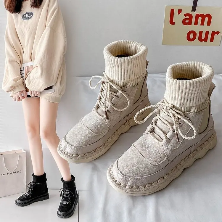 

Осенне-зимние женские высокие ботинки из нубука и бархата, Теплые повседневные кроссовки с круглым носком, на шнуровке, студенческие ботинк...