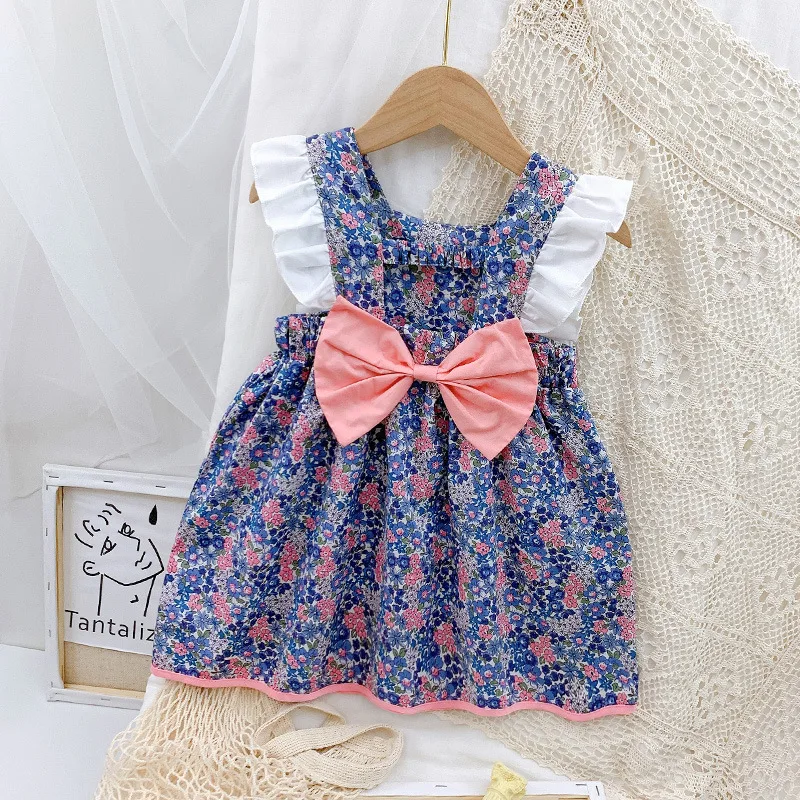 

Cute Girls Dress New Flying-Sleeve Floral Printed Patchwork Bow Priness Dresses Toddler Kids Clothes Summer Dress