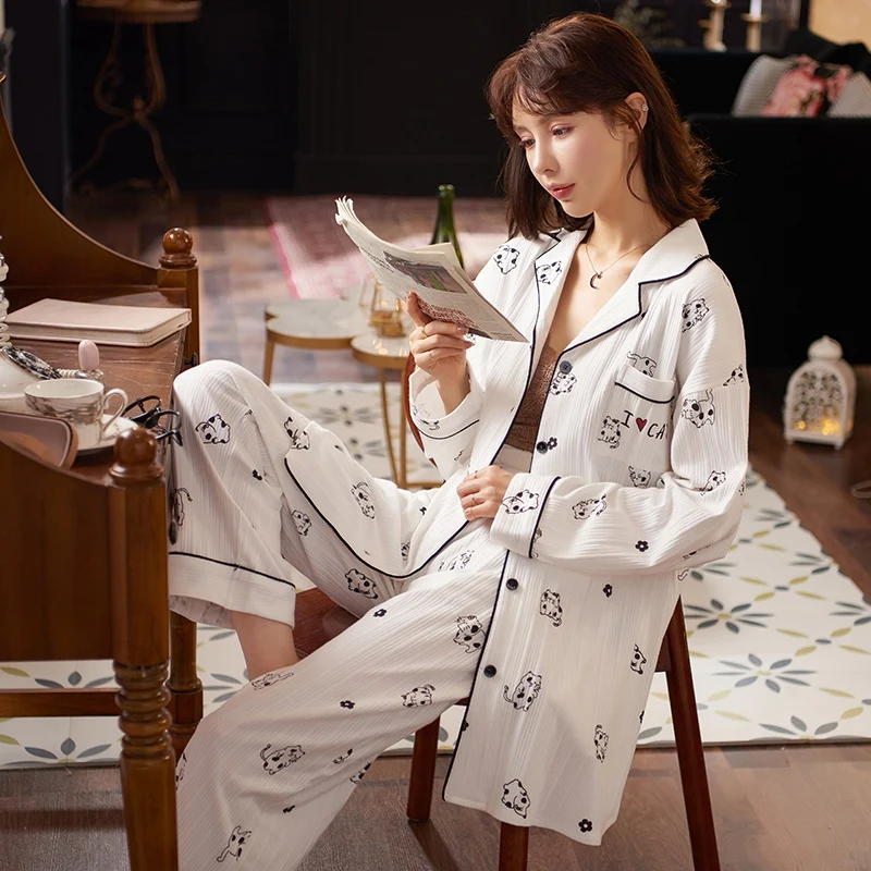2022 Spring Autumn Plus Size Long Sleeve Cotton Pajama Sets for Women Korean Sleepwear Suit Pyjama Homewear Pijama Mujer Clothes
