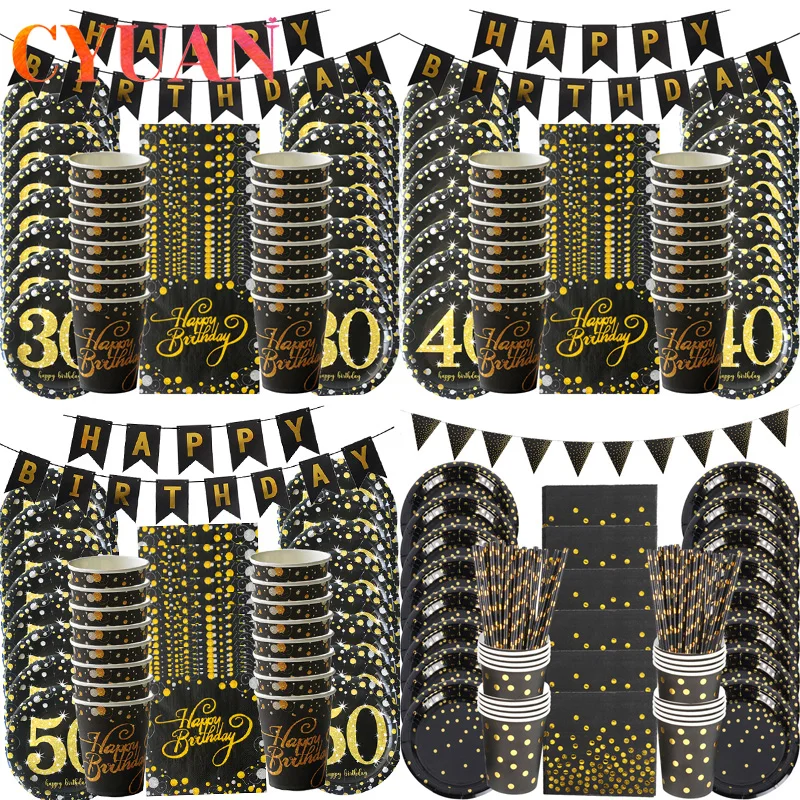 

CYUAN 30 40 50 Years Anniversary Disposable Tableware Set Happy Birthday Party Decor Adult 30/40/50/60th Year Old Party Supplies