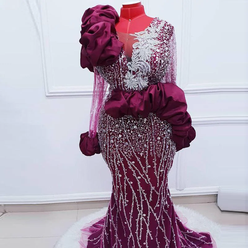 

Grape African Mermaid Evening Dresses Sheer Neck Ruffles Sexy Prom Dress Long Sleeves Beads Lace Appliques Aso Ebi Party Gown