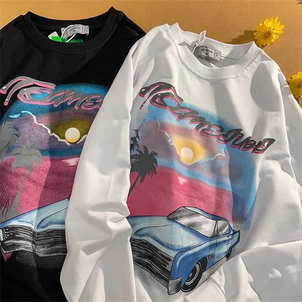 

Осенняя свободная Мужская Уличная одежда в стиле Харадзюку, Модная белая мужская футболка с мультяшным принтом и свободными рукавами, Повс...