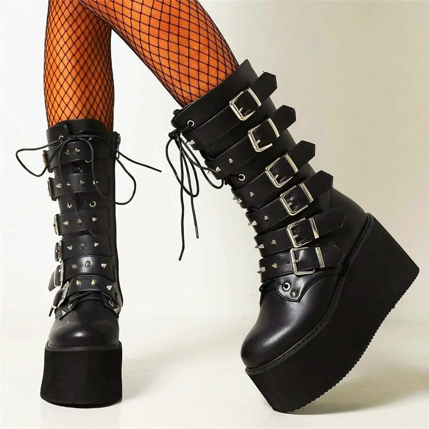 

Increasing Height Platform Pumps Women's Winter Buckle Strap Spike Military Motorcycle Ankle Boots Mid Calf Punk Goth Creeper