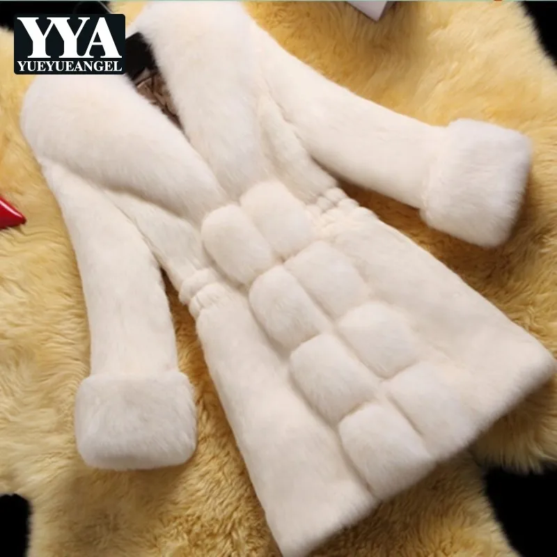Rabbit Fur Women Faux Fur Coat Winter Fox Fur Collar Warm Long Jacket Long Sleeve Elegant Thick Slim Outerwear 6XL