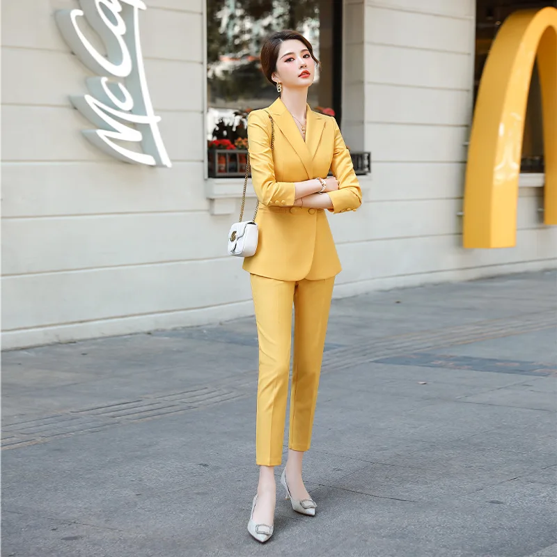 IZICFLY New Style Spring Fall Fashion Uniforms Business Slim Office Pink Suit Women Blazer Set With Trousers Work Wear 2 Piece