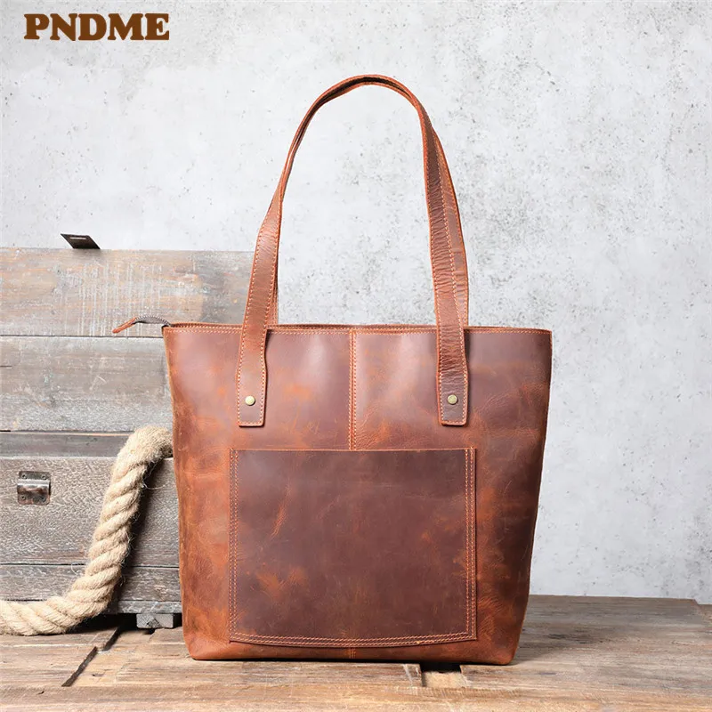 PNDME simple retro high-quality natural genuine leather unisex tote bag casual crazy horse cowhide large-capacity laptop handbag
