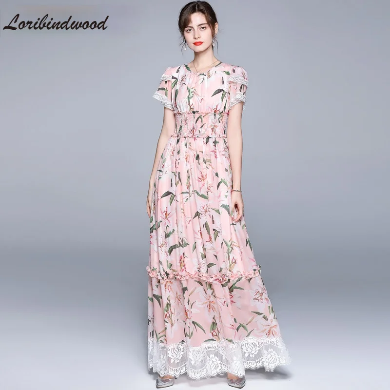 

2021 летнее подиумное цветочное лоскутное кружевное шифоновое розовое Макси платье для женщин с коротким рукавом Элегантные лилии с принтом ...
