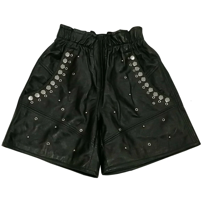 

2020 New Spring Autumn Womens Sheepskin Shorts Luxury Genuine Leather Rivet Shorts Female Loose Fit High Waist Wide Leg Shorts