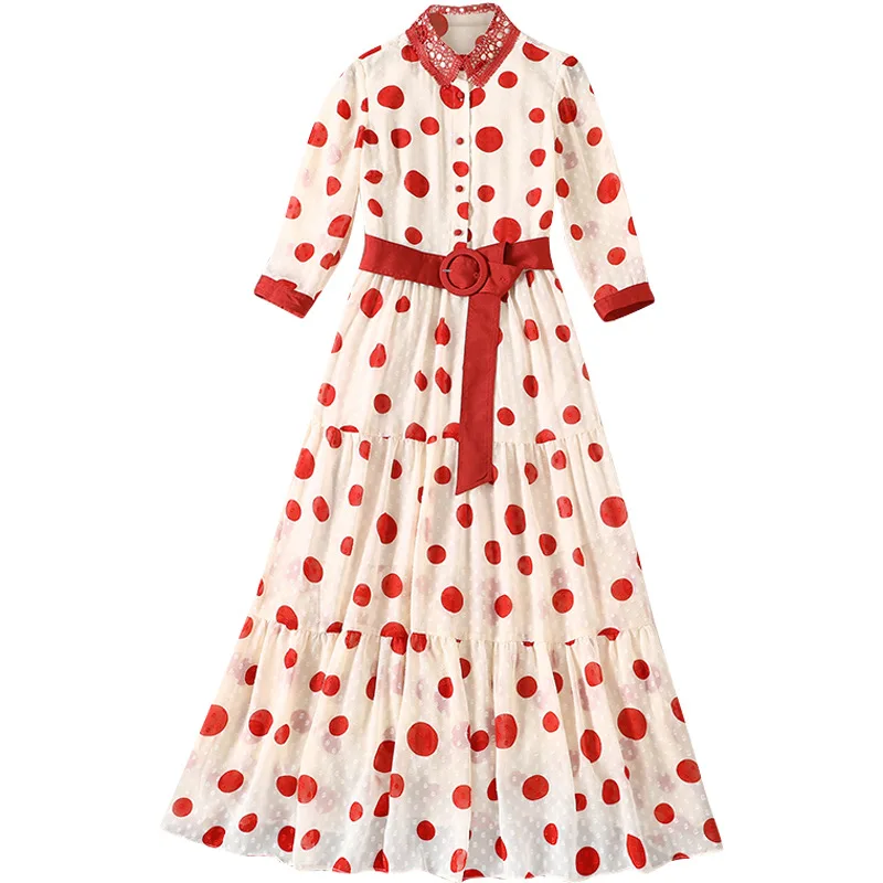 

Women girls cute polka dot chiffon dress 2021 fashion summer clothing lace collar sashes elegant mid-calf ruffles dresses