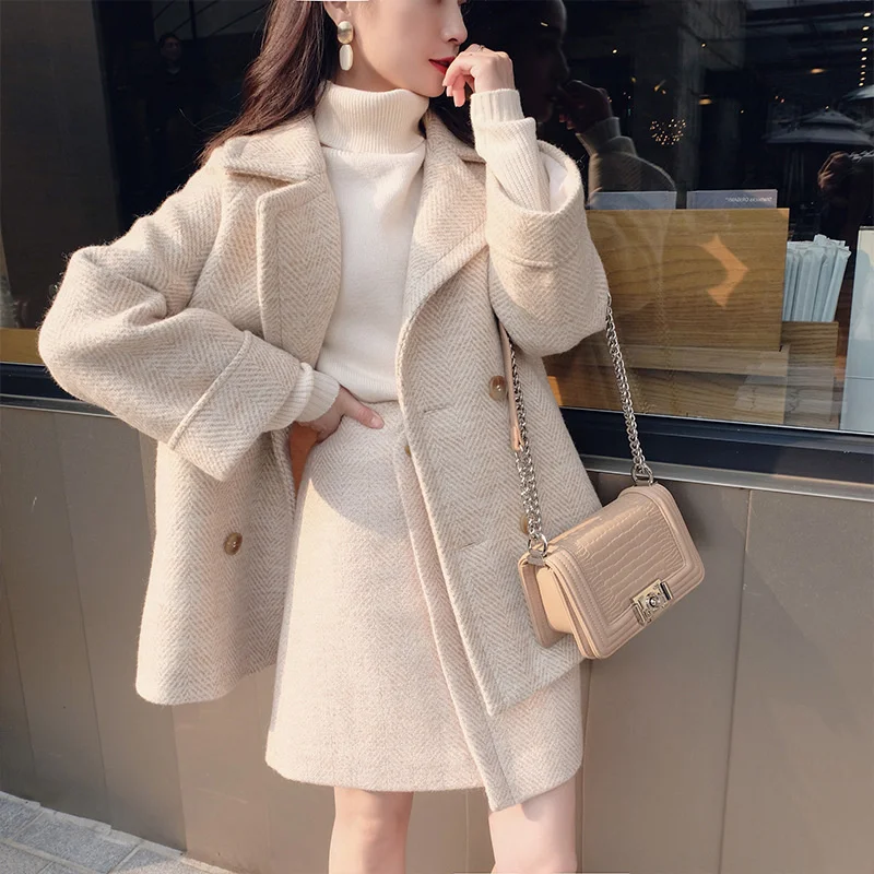 Winter Faux Wool Jacket And Skirt Set Korean Coat Female Women Manteau Womens Autumn Basic Fashion Femme Thick Cape Cloak