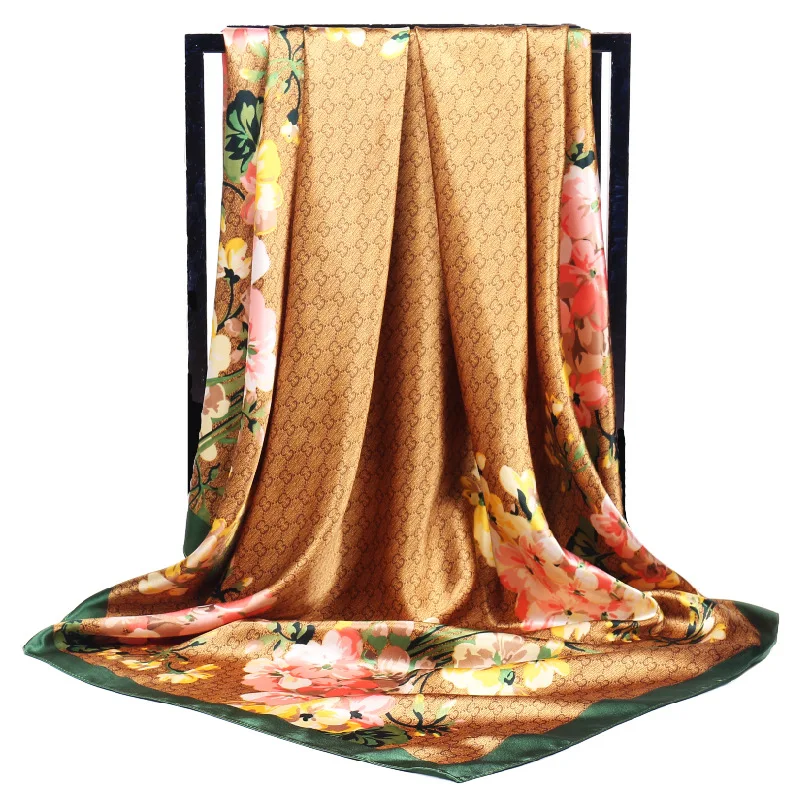 

Women Silk Scarf Fashion Flower Print Square Head Scarves Lady Luxury Brand Shawls Silk Women Scarf Foulard Satin Hijab 90*90cm