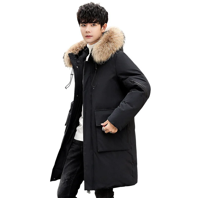 

white men's duck down down jacket 2020 winter with fur collar medium length Korean thickened hooded down jacket for men