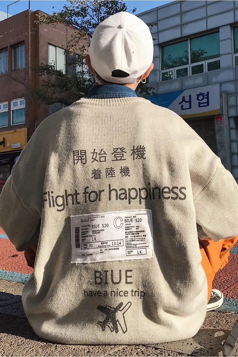 

Men's sweater new slim-knit aircraft print sweater in autumn and winter 2021 Loose casual personality youth men's wear