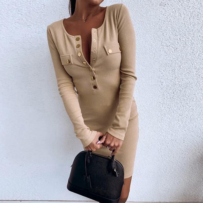 

Autumn Winter Elegant Solid O-neck Party Dress Women Casual Long Sleeve Rib Bodycon Dress Hollow Out Slim Rivet Dresses