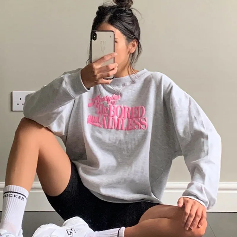 

O-neck Warm Winter Tops New Brand Designer Girls Casual Streetwear Light Gray Pink Letters Printing Oversized Sweatshirt Women