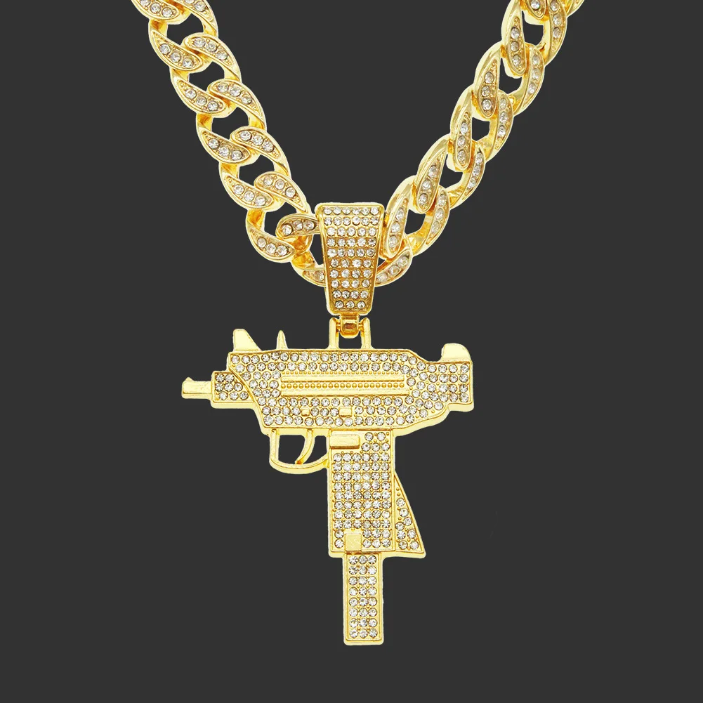 

Men Hip Hop Submachine Gun Pendant Necklace with 13mm Miami Cuban Chain Iced Out Bling HipHop Necklaces Male Fashion Jewelry