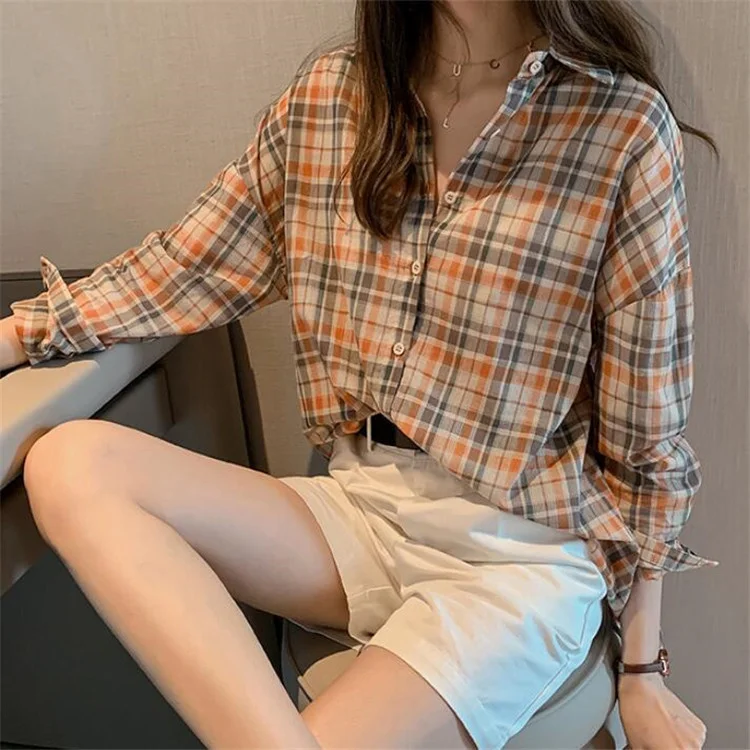Блузка XFPV Женская в клетку шикарная свободная однобортная рубашка с длинным