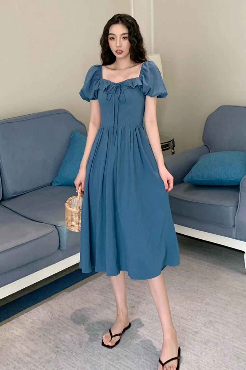 

COIGARSAM French Style Women dress Vintage Puff Sleeve Bow Square Collar Dresses White Blue 36893