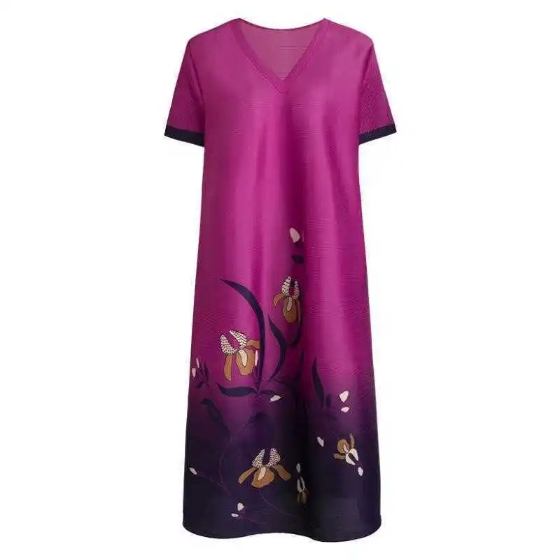 

Dress Women V-neck design sense ink painting print dress 2021 summer new temperament retro loose large size pleated skirt tops