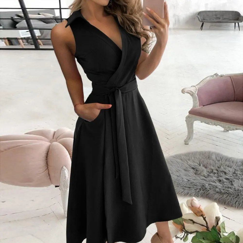

Summer Women's 2021 Sleeveless Dress Printed Sexy V-neck Dress Lace-up Women's Wrap Skirt Office Ladies Casual Skirt