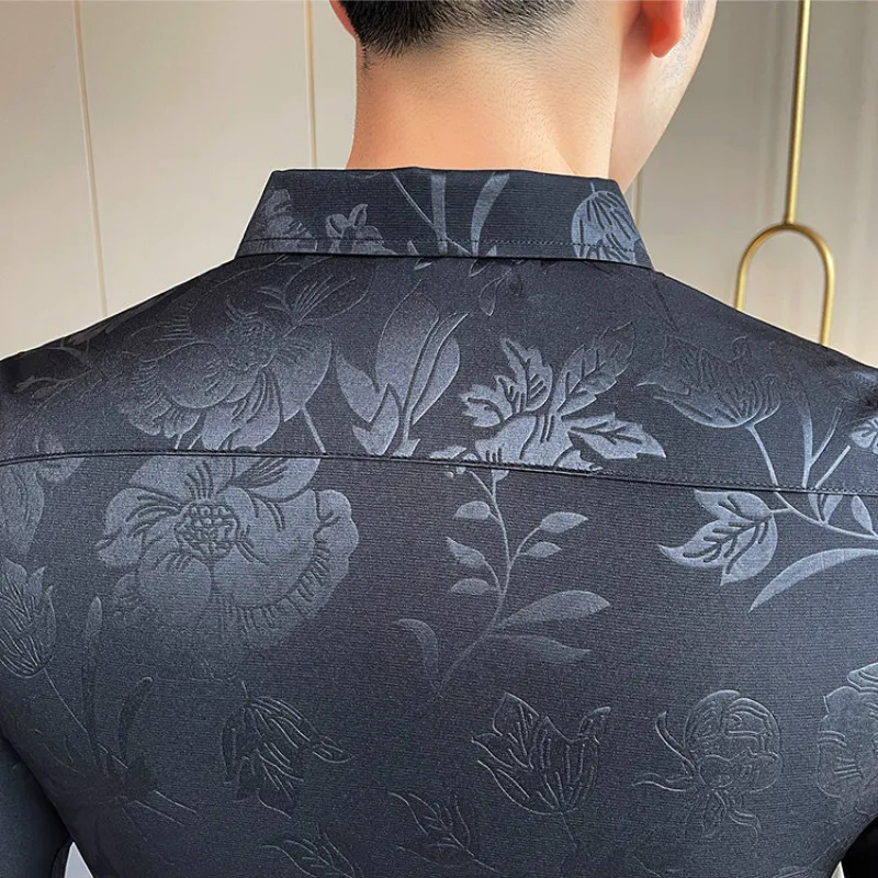 

2021 Spring Business Dress Shirts Men Long Sleeve Slim Fit Casual Shirt Flower Social Chemise Homme Streetwear Camisa Masculina